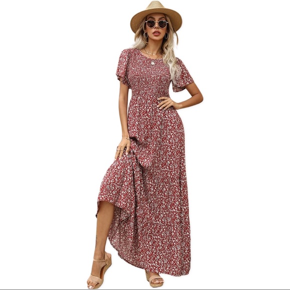 Kranda Round Neck Short Flutter Sleeve Smocked Floral Maxi Dress XXL - Picture 5 of 11